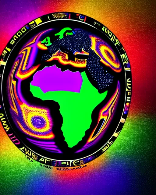 Image similar to a extremely ultra highly detailed hi - res ultra highly detailed colorful logo of africa black background, zoom out, 8 k, high textures, ultra hyper sharp, insanely detailed and intricate, super detailed, 3 d render, 8 k hdr ultra high quality high polygon, psychedelic, retro wave, digital art,