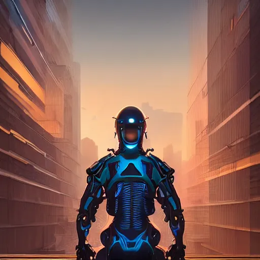 Image similar to ninja cyborg mechanical exoskeleton designed by jony ive, in cybercity, golden hour, poster by michael whelan and gilbert williams and evgeny lushpin and artgerm and alena aenami, 3 0 mm, well proportioned, highly detailed, rule of thirds, long exposure