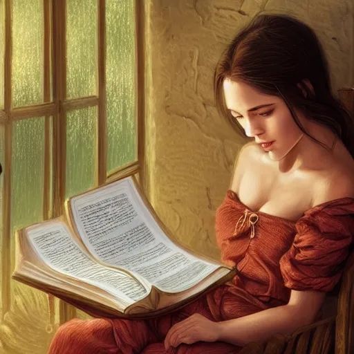 Image similar to village girl reading a book, cinematic, intricate, elegant, highly detailed, digital painting, artstation, concept art, smooth, sharp, focus, illustration, art by artgerm and Johfra Bosschart