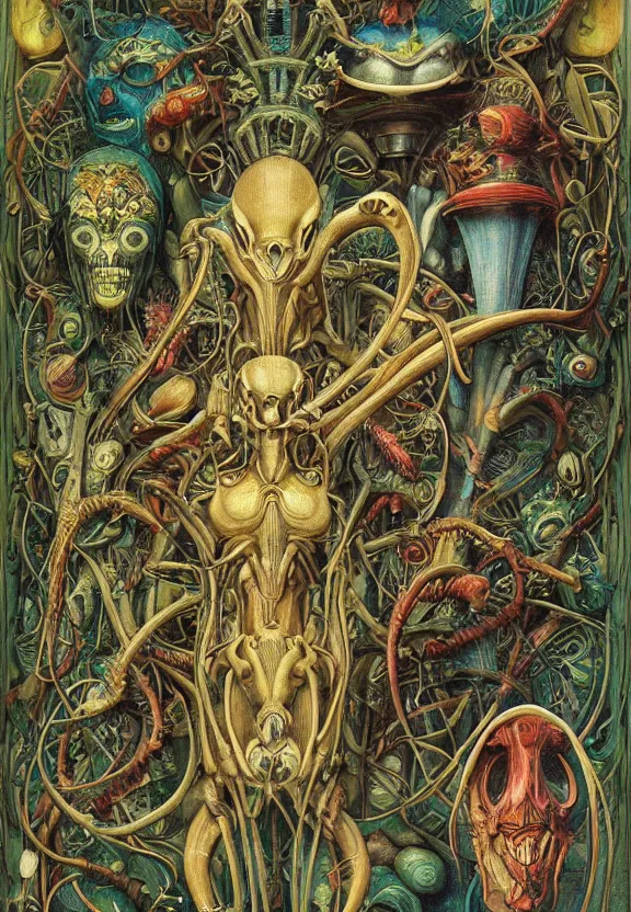 Image similar to simplicity, simple, elegant, colorful muscular robot, botany, orchids, radiating, mandala, psychedelic, garden environment, dappled sun, wolf skulls, by h. r. giger and esao andrews and maria sibylla merian eugene delacroix, gustave dore, thomas moran, pop art, biomechanical xenomorph, art nouveau, whimsical