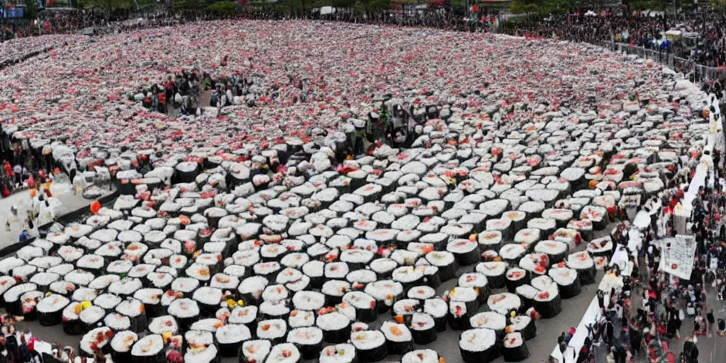 Prompt: million of people standing on the biggest sushi in the world