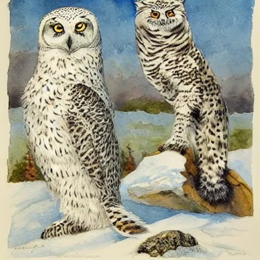 Image similar to snowy owl dancing with a snow leopard, Louis William Wain watercolor,