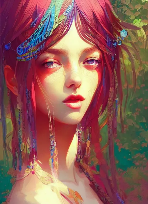 Image similar to “a beautiful bohemian girl, intricate, highly detailed, digital painting, Pixiv, Artstation, official media, anime key visual, concept art, rich vivid colors, ambient lighting, sharp focus, illustration, art by WLOP”