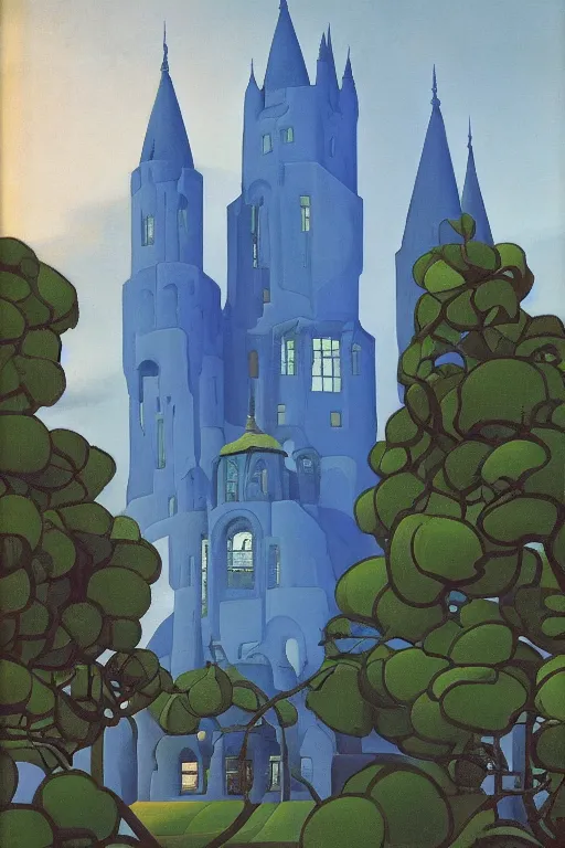 Image similar to view of the mysterious blue tower in its gardens after a storm, tall windows lit up, beautiful ornamental architecture, dramatic cinematic lighting, rich colors, by Nicholas Roerich and William Dyce and Ludwig Deutsch and April Gornik and Sylvain Sarrailh