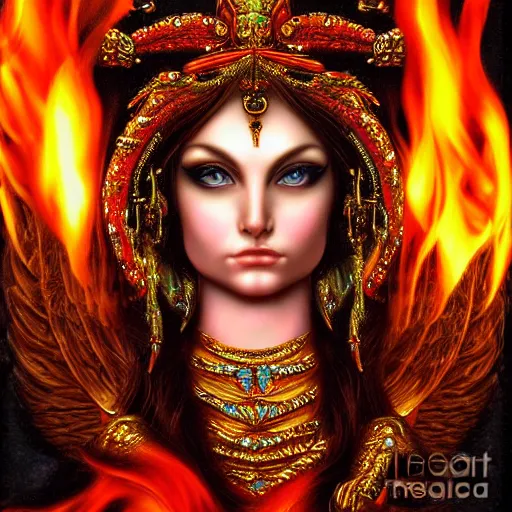 Prompt: perfectly centered close up portrait of goddess of fire, candid photography, by anne stokes, highly detailed