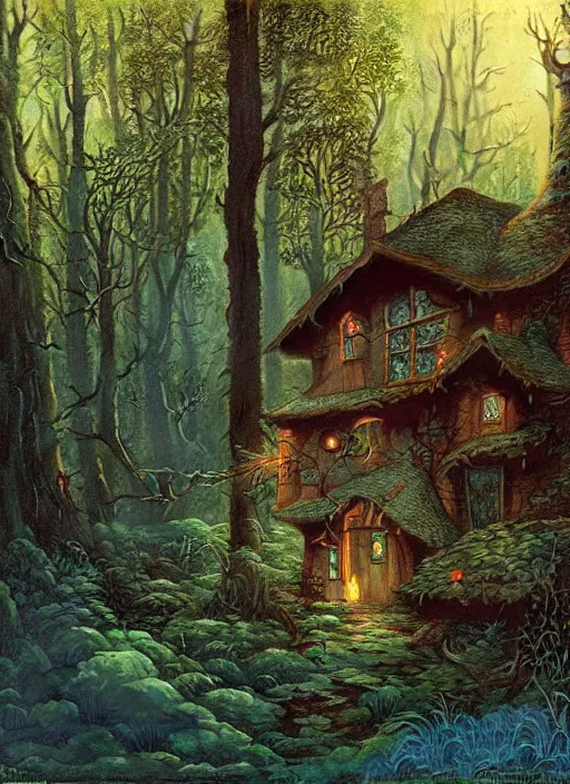 Image similar to hyper realistic witch cottage with mood lighting and technology in the woods gorgeous lighting, sunbeams blue sky, highly detailed, lush forest foliage painting by zdzisław beksinski and norman rockwell and greg rutkowski weta studio, and lucasfilm