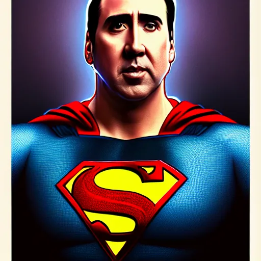 Image similar to upper body portrait of nicolas cage as superman, intricate, elegant, highly detailed, digital painting, artstation, concept art, smooth, sharp focus, illustration, art by artgerm and greg rutkowski and alphonse mucha, 8 k