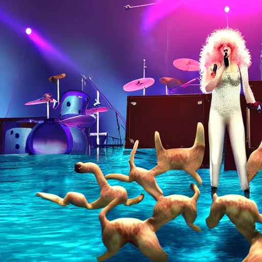 Prompt: rock band queen giving concert underwater with audience full of dogs, hyperrealistic portrait, fantasy art, photo realistic, dynamic lighting, artstation, poster, volumetric lighting, very detailed face, 8 k, award winning