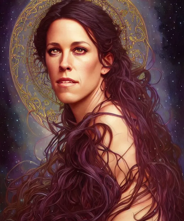 Prompt: Alanis Morissette as a fantasy magic woman portrait, sci-fi, amber eyes, face, long hair, fantasy, intricate, elegant, highly detailed, digital painting, artstation, concept art, smooth, sharp focus, illustration, art by artgerm and greg rutkowski and alphonse mucha