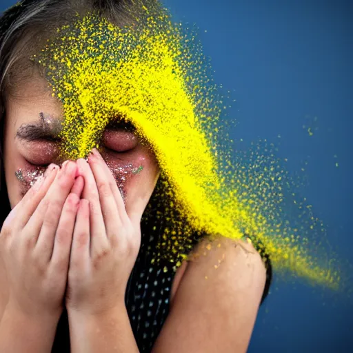 Image similar to crying girl covered by yellow and blue dust