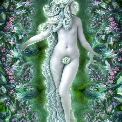 Image similar to an idealistic marble statue with fractal flowery hair in a fractal garden, glowing delicate flower and mushrooms that grow in a dark fatansy forest on the planet Pandora,, symmetrical,