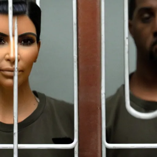 Prompt: real photo of a kim kardashian lookalike, behind bars. standing in jail cell