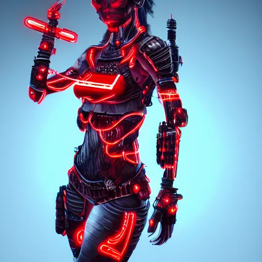 Image similar to cybernetic female warrior with glowing red heaphones and glowing red intricate sigils of death covering her body, intricate detail, finely detailed, small details, extra detail, trending on artstation, high resolution, 3D