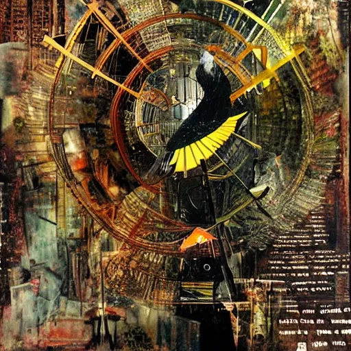 Image similar to a mechanical bird wanders between the virtual realms of urban informatics and computational social science, collage artwork by dave mckean and ivan shishkin and roberto matta