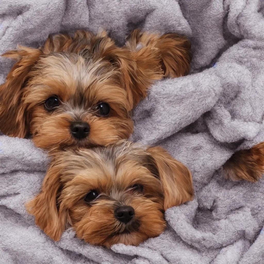 Image similar to digital painting of a cute adorable yorkie puppy sleeping on a soft blanket