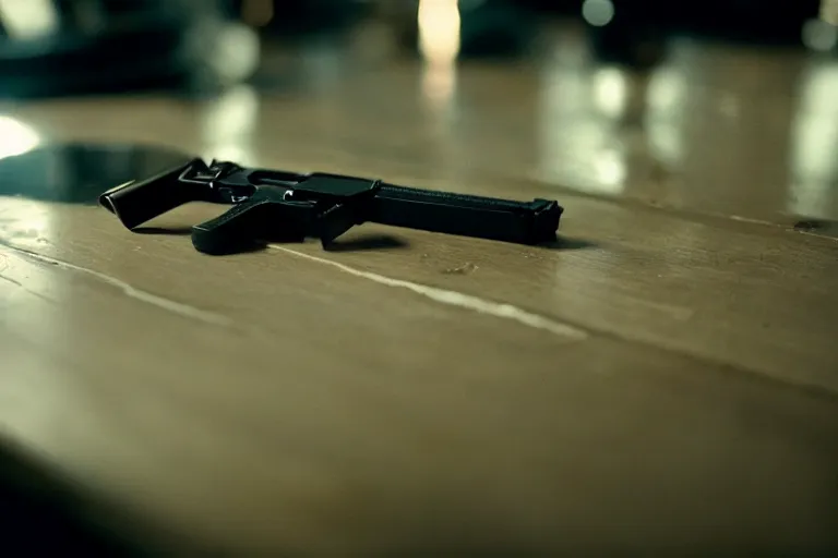 Image similar to film still of closeup pistol taped under table, cinematic, moody, gritty neon noir by emmanuel lubezki