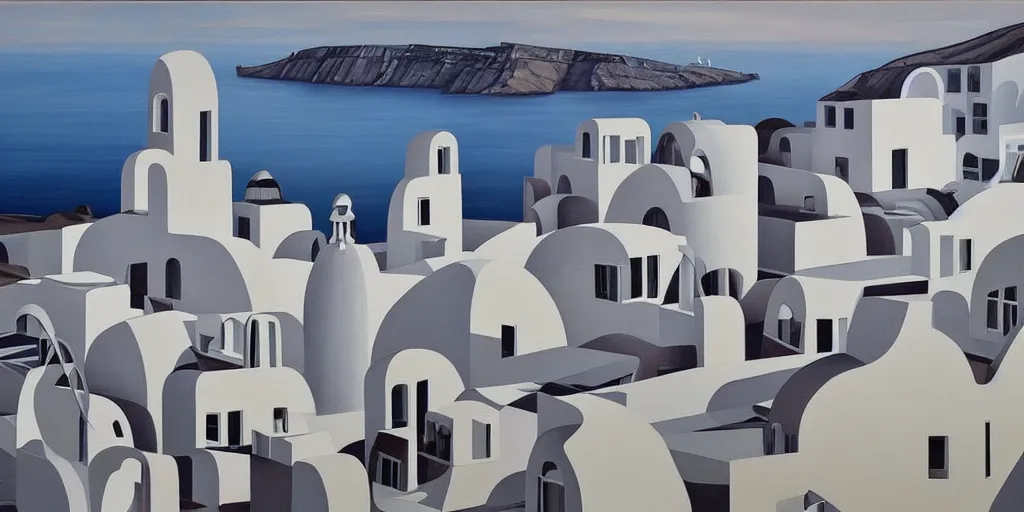 Image similar to a painting of abstract buildings like santorini by zaha hadid and yves tanguy