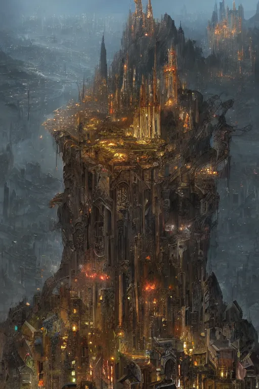 Image similar to Sharn, City of Towers, baroque fantasy metropolis of tall towers at the top of a cliff looking over a river, by Marc Simonetti, matte painting, concept art, chiaroscuro, trending on artstation, HD