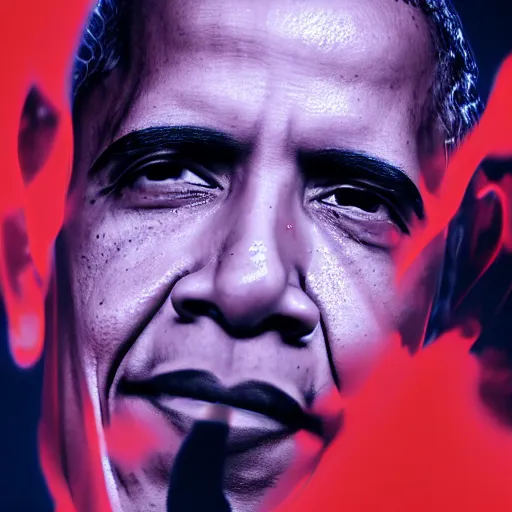 Prompt: Obama red flashlight glowing eyes, flames are burning behind Obama, 40nm lens, 4k,