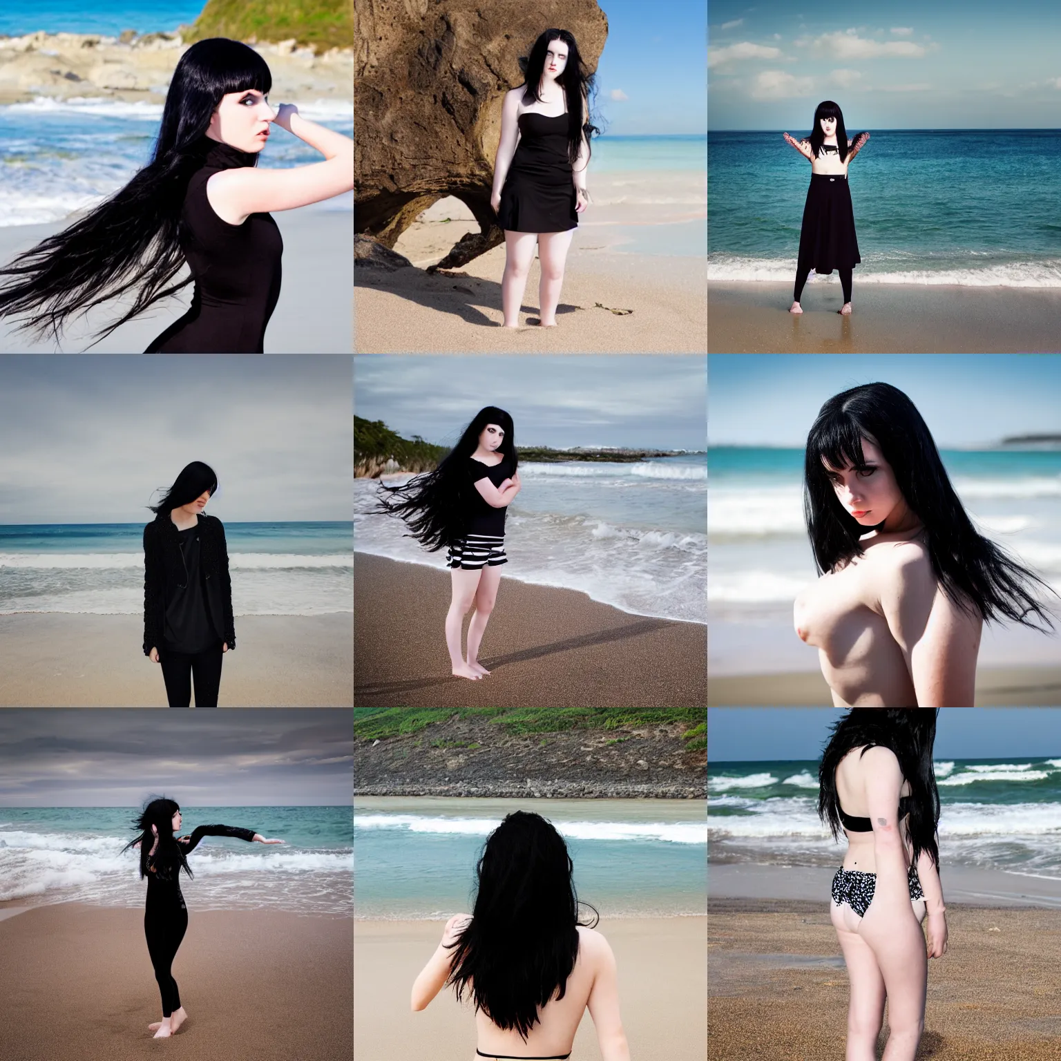 Prompt: pale emo girl with black hair annoyed on the beach, full body