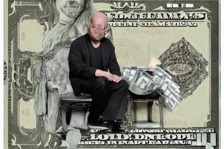 Image similar to a greedy man, sitting on a throne of money, studio photography, 3 5 mm lens, digital art, 8 k