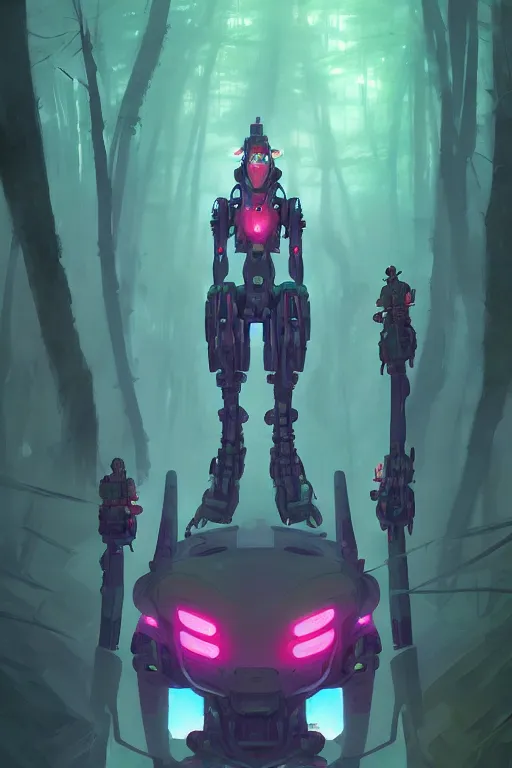 Image similar to Portrait of Yokai Mecha in neon forest, digital art from artstation by Andreas Rocha and Greg Rutkowski and Peter Mohrbacher