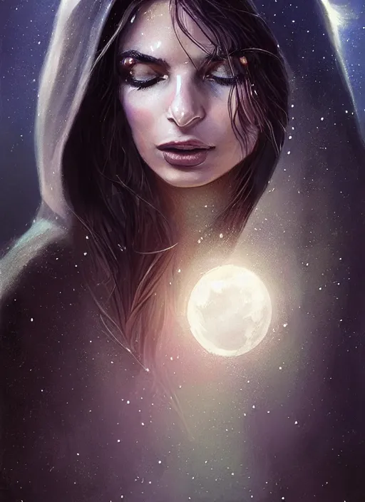 Prompt: detailed portrait of Emily Ratajkowski wearing a cloak over her head, eyes sparkling with starlight a halo of shimmering color around her, the moon in the background, by Jason Jenicke and Jeremy Mann, intricate, beautiful, stylized, detailed, realistic, loose brush strokes, celestial, enduring, captivating, Artstation