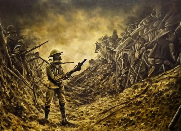 Image similar to realistic dark oil painting of spongebob squarepant inside ww 1 trenches, holding rifle, terrified, scared, war film