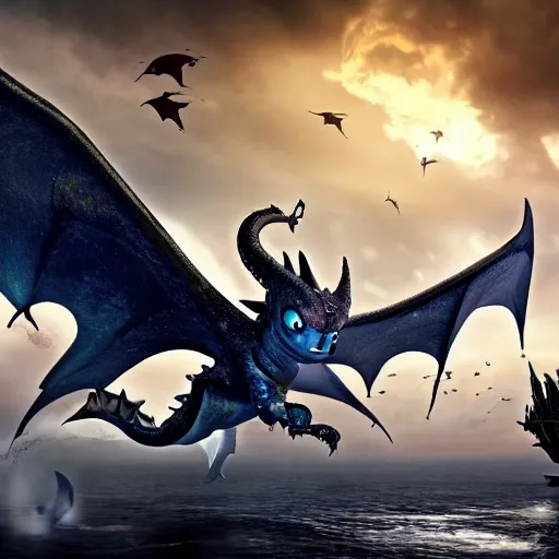 Prompt: a stardust dragon with mantaray wings and a stingray tail flying through an old viking village filled with vikings and other dragons, cgi, in the style of how to train your dragon, cinematic, high resolution, movie, film, animated film, cgi