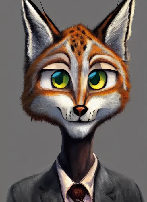 Image similar to oil painting of anthromorphic female lynx damaged zombie, in style of zootopia, female fursona, furry, furaffinity, 4 k, deviantart, furry art, fursona art, wearing black business suit, business suit, lynx fursona, female, very expressive detailed feminine face,