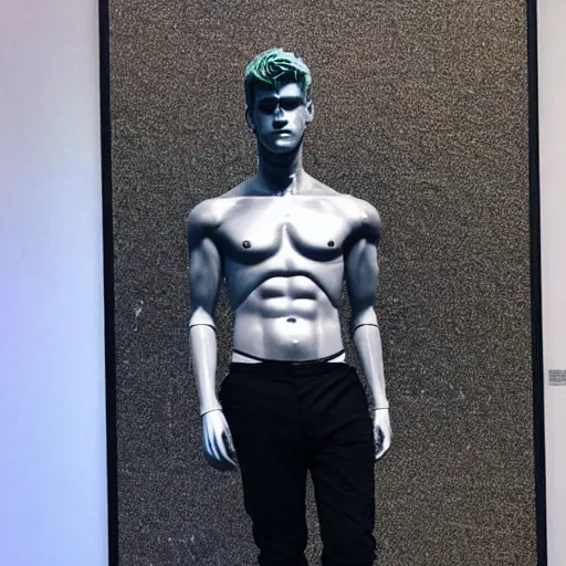 Image similar to “a realistic detailed photo of a guy who is an attractive humanoid who is half robot and half humanoid, who is a male android, actor Liam Hemsworth, shiny skin, posing like a statue, blank stare, at the museum, on display”