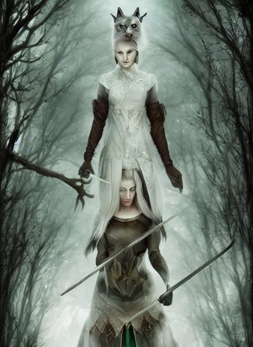 Image similar to medieval female warrior, green eyes, dark forbidden forest, wolves, white cat, by Lecouffe-Deharme, by Natalie Shau