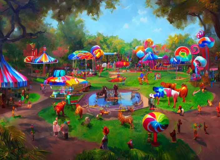 Image similar to candy zoo park for a game candy themed, top angle, oil painting by jama jurabaev, extremely detailed, brush hard, artstation, for aaa game, high quality, brush stroke