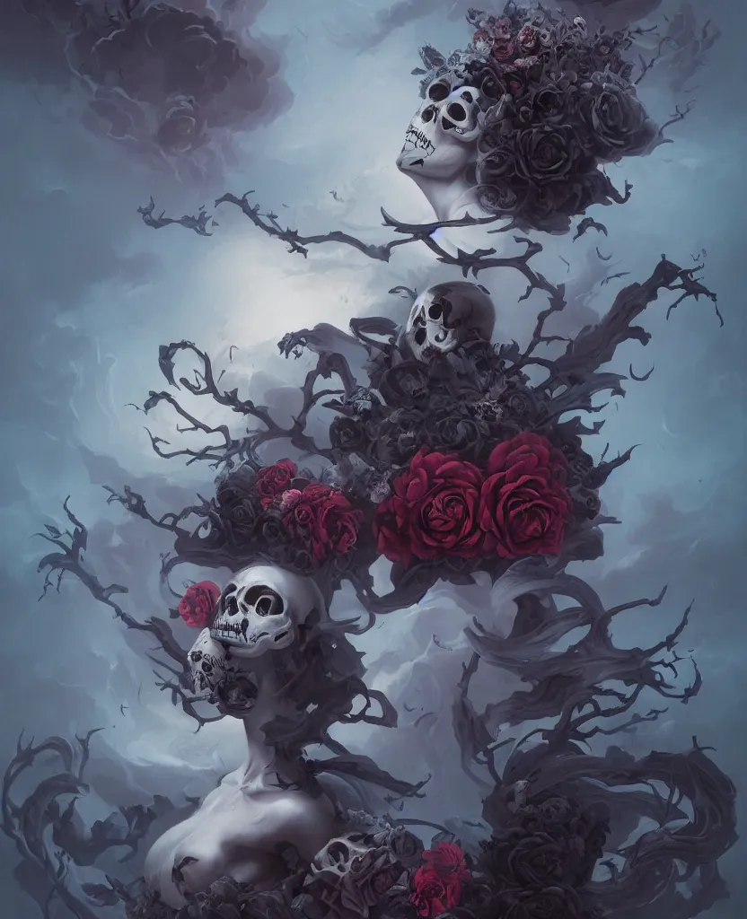 Image similar to a chaotic goddess of death skull black rose s day of the dead atmospheric, dramatic, concept art by Peter Mohrbacher hyperrealist, cinema4D, 8k highly detailed ❤️‍🔥 🔥 💀 🤖 🚀