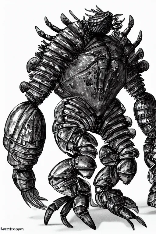 Prompt: armoured warrior humanoid crab monster, symmetrical, highly detailed, digital art, limpet themed armour, sharp focus, trending on art station, ambient lighting, kentaro miura manga art style