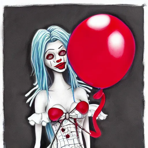 Image similar to grunge cartoon painting of kylie jenner with a wide smile and a red balloon by chris leib, loony toons style, pennywise style, corpse bride style, horror theme, detailed, elegant, intricate