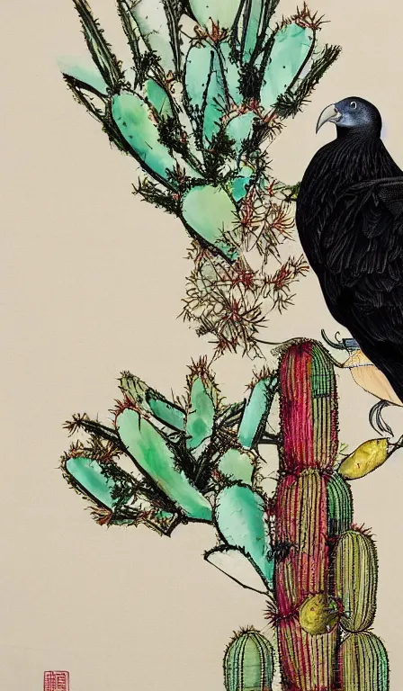 Image similar to turkey vulture sitting on cactus by Shen Quan, hanging scroll, ink and colours on silk