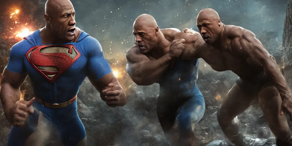 Prompt: kevin hart beating up the dwayne johnson in a superman costume, masterpiece, highly detailed, high quality, 4 k, anatomically correct, hyperrealistic, concept art, octane render, unreal engine 5, trending on artstation, trending on deviantart, matte, historical painting, fantasy style, path traced, high coherence, soft lighting, digital painting, mythical