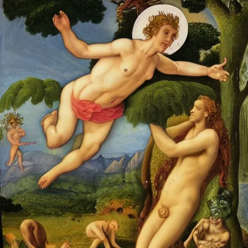 Image similar to Eve star-jumping in the Garden of Eden. God is wearing a concerned frown