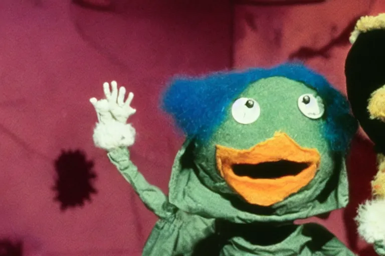Image similar to a color still from a weird 1972 kids tv show where a sad cheese puppet and a furry ghost have a tickle party with death tent