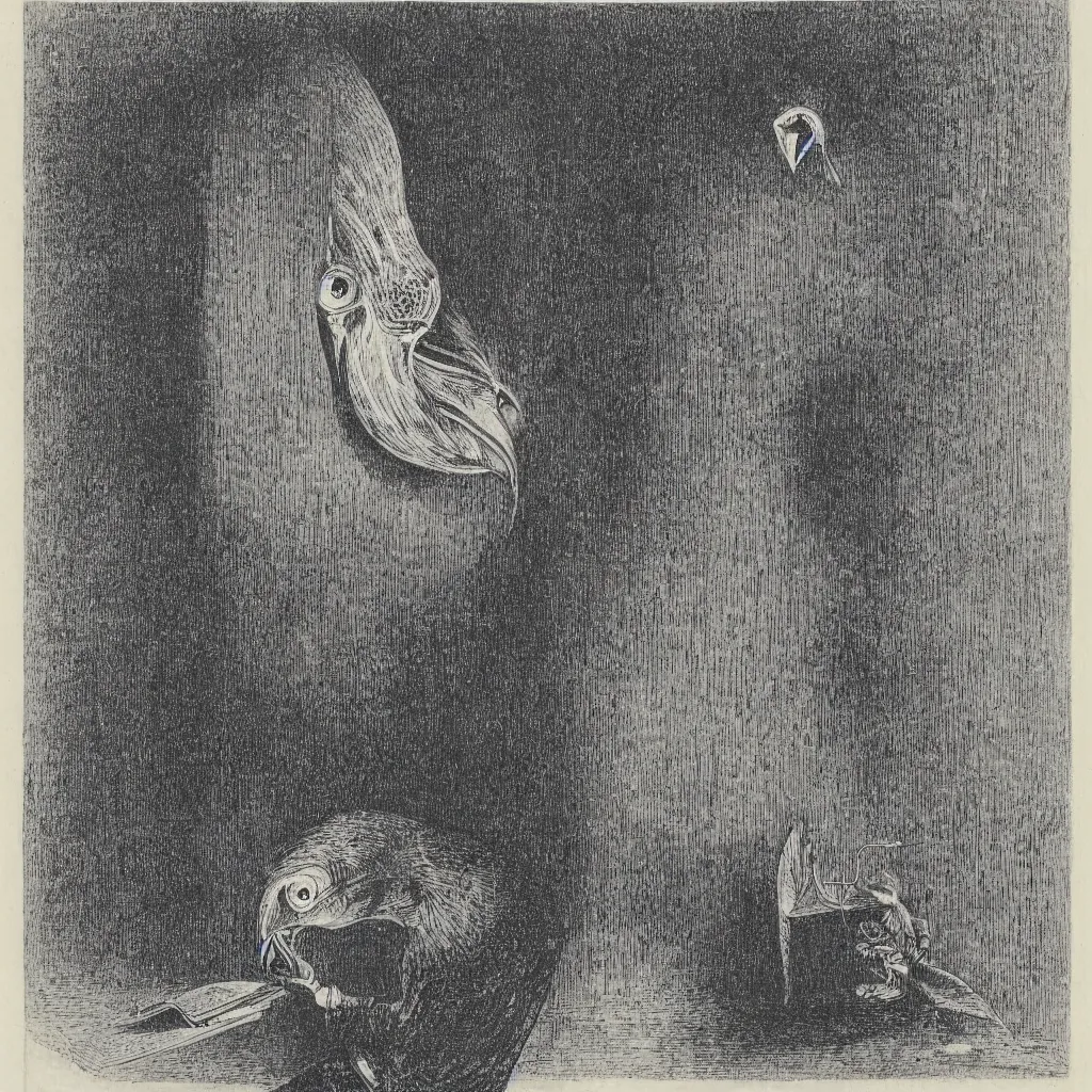 Prompt: An engraving by Max Ernst of a bird's head reading a book in a datacenter loplop, 1929