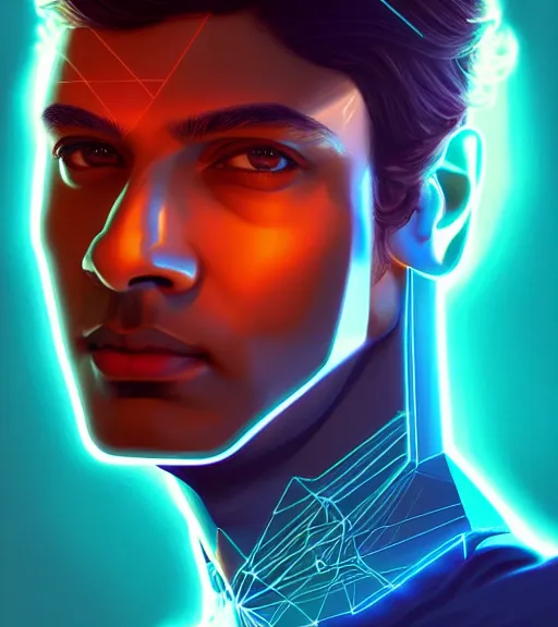 Image similar to symmetry!! indian prince of technology, solid cube of light, hard edges, product render retro - futuristic poster scifi, lasers and neon circuits, brown skin handsome indian prince, intricate, elegant, highly detailed, digital painting, artstation, concept art, smooth, sharp focus, illustration, dreamlike, art by artgerm