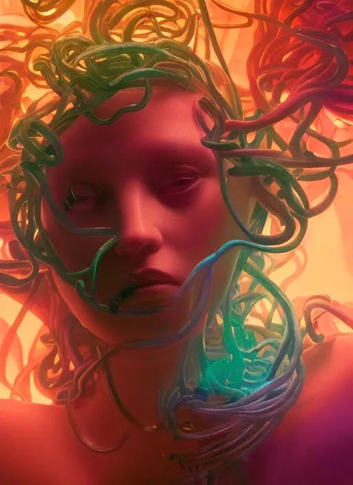 Image similar to subsurface scattering, medusa made of soft wax, cgsociety, translucent, wooden art nouveau swirls, colored smoke, gold cables, electricity, tubes, in the style of ruan jia and beeple and giger, mystical colors, back light, rim light, dramatic lighting, 8 k, stunning scene, raytracing, octane render