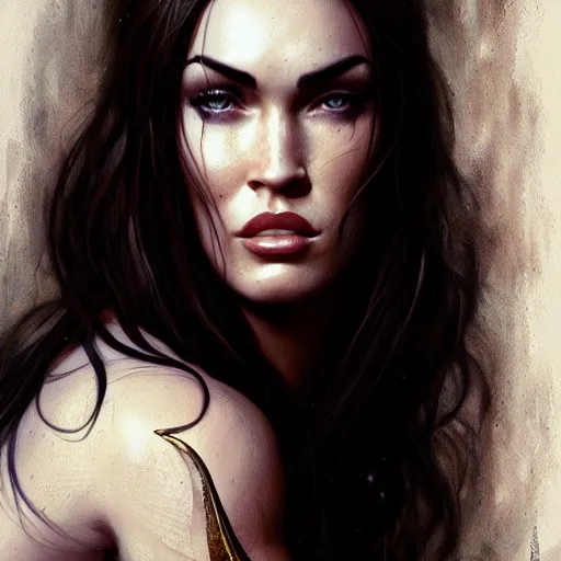 Image similar to portrait of megan fox, muscular upper body, greek, jewelry, fantasy, intricate, elegant, highly detailed, digital painting, artstation, concept art, matte, sharp focus, illustration, art by aenaluck and roberto ferri and greg rutkowski, epic fantasy, digital painting