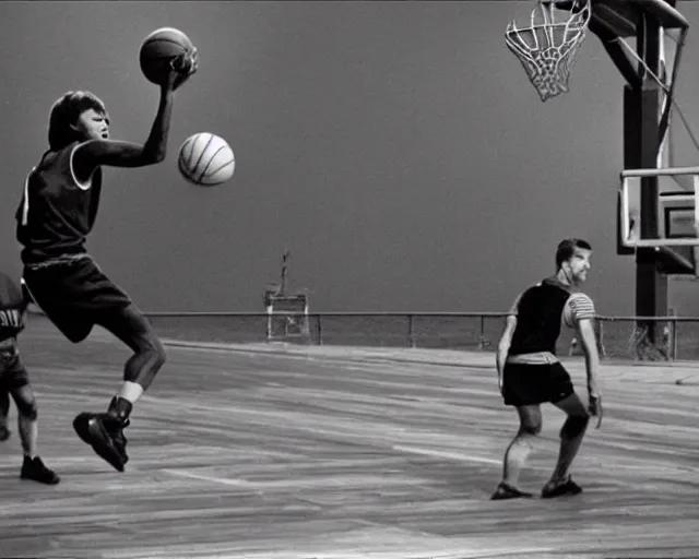 Image similar to still of davy jones playing basketball, movie screenshot, davy jones, basketball, davy jones, movie still, davy jones, photorealistic, davy jones, daylight, deck of the ship, clean composition