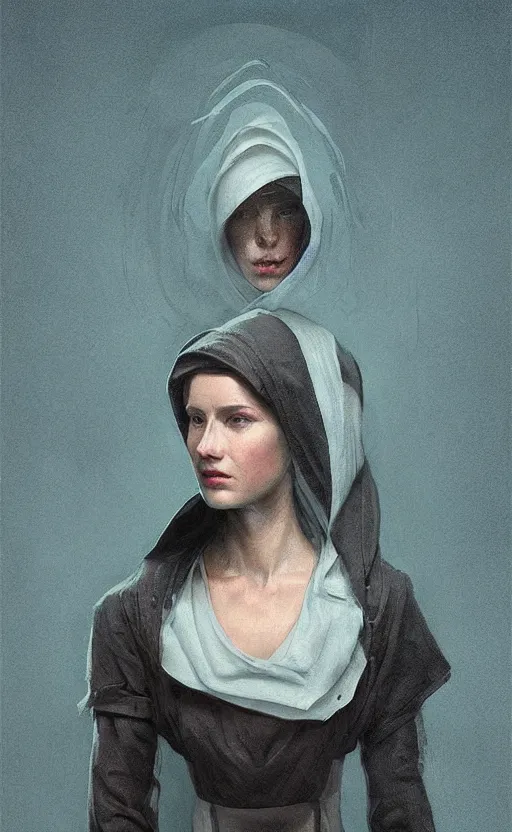 Image similar to portrait of a dystopian woman wearing an outfit inspired by the handmaid ’ s tale ( 2 0 1 7 ), intricate, headshot, highly detailed, digital painting, artstation, concept art, sharp focus, cinematic lighting, digital painting, art by artgerm and greg rutkowski, alphonse mucha, cgsociety