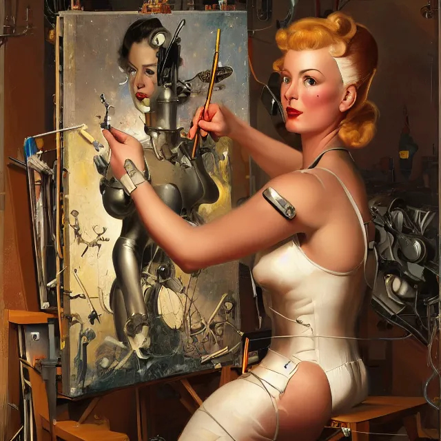 Prompt: cyborg artist painting a self - portrait on a canvas. intricate, highly detailed, digital matte painting in the style of gil elvgren and in the style of h. r. giger. irony, recursion, inspiration.
