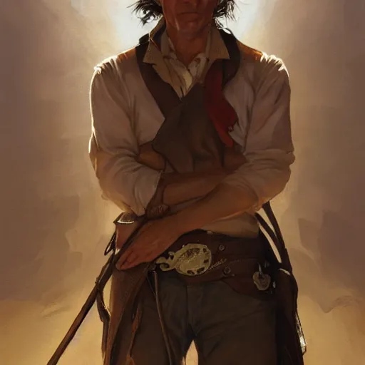 Image similar to clean shaven, tan, middle - aged christian priest with dark hair in wild west, intricate, highly detailed, digital painting, artstation, oppressive lighting, concept art, sharp focus, illustration, art by greg rutkowski and alphonse mucha