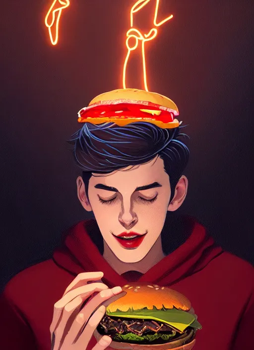 Image similar to portrait of jughead jones, eating a hamburger, wearing a crown, eyes closed, intricate, elegant, glowing lights, highly detailed, digital painting, artstation, concept art, smooth, sharp focus, illustration, art by wlop, mars ravelo and greg rutkowski