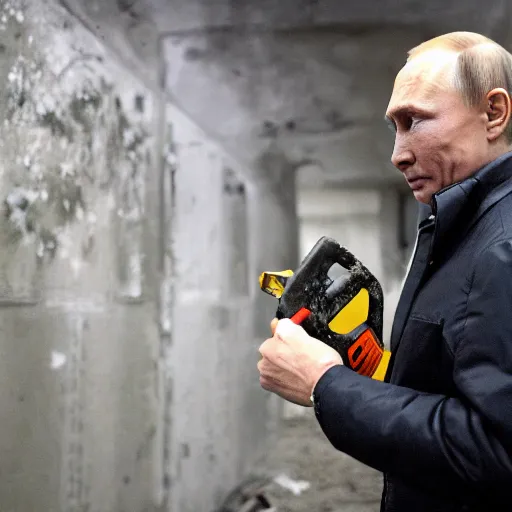 Image similar to putin with a chainsaw and a corpse. in a concrete bunker. focus on putins face with blood splatters. canon eos r 3, f / 1. 4, iso 1 6 0 0, 1 / 8 0 s, 8 k, raw, grainy